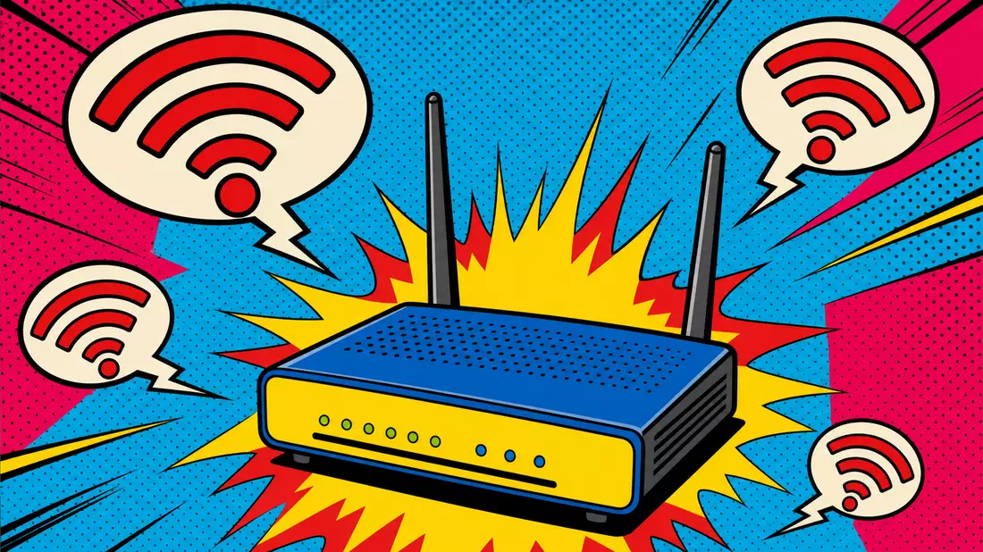 Pop-art comic book style illustration of a stylized unbranded router with bold black outlines, radia