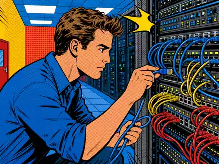 Farbenfrohe Pop-Art-Comic-Szene eines Netzwerktechnikers steht kreativ für Cisco Systems Inc., ISIN US17275R1023, im Portfolio - Foto: THN