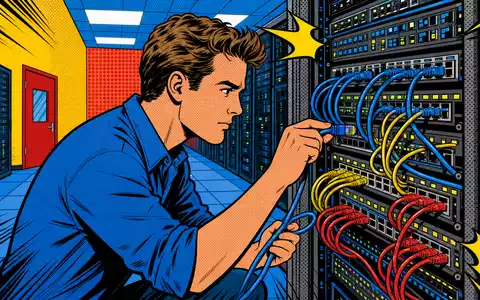 Farbenfrohe Pop-Art-Comic-Szene eines Netzwerktechnikers steht kreativ für Cisco Systems Inc., ISIN US17275R1023, im Portfolio - Foto: THN