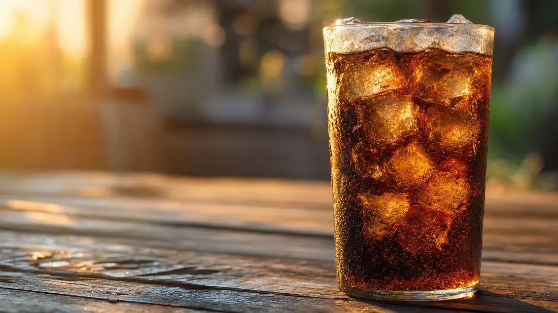 Ice-cold unbranded cola glass filled with dark carbonated beverage and large ice cubes, heavy condensation drops on glass exterior, rustic weathered wooden table, warm golden afternoon light creating amber refraction through the ice