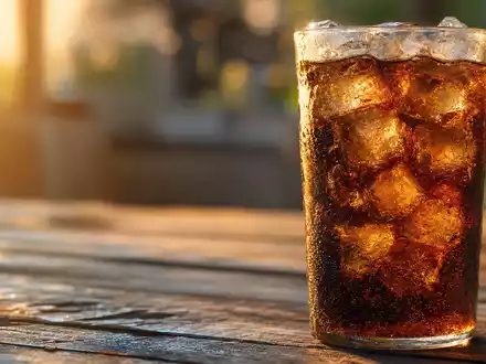 Coca-Cola US1912161007 zeigt eiskaltes Softdrink-Glas mit Eiswürfeln auf rustikalem Holztisch bei warmem Licht - Foto: THN