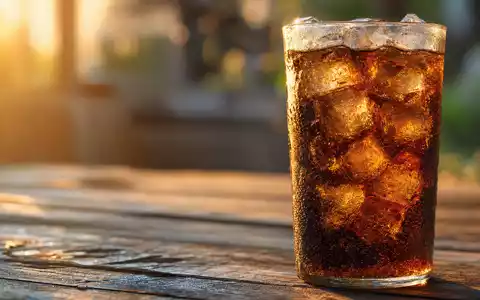 Coca-Cola US1912161007 zeigt eiskaltes Softdrink-Glas mit EiswĂŒrfeln auf rustikalem Holztisch bei warmem Licht - Foto: THN