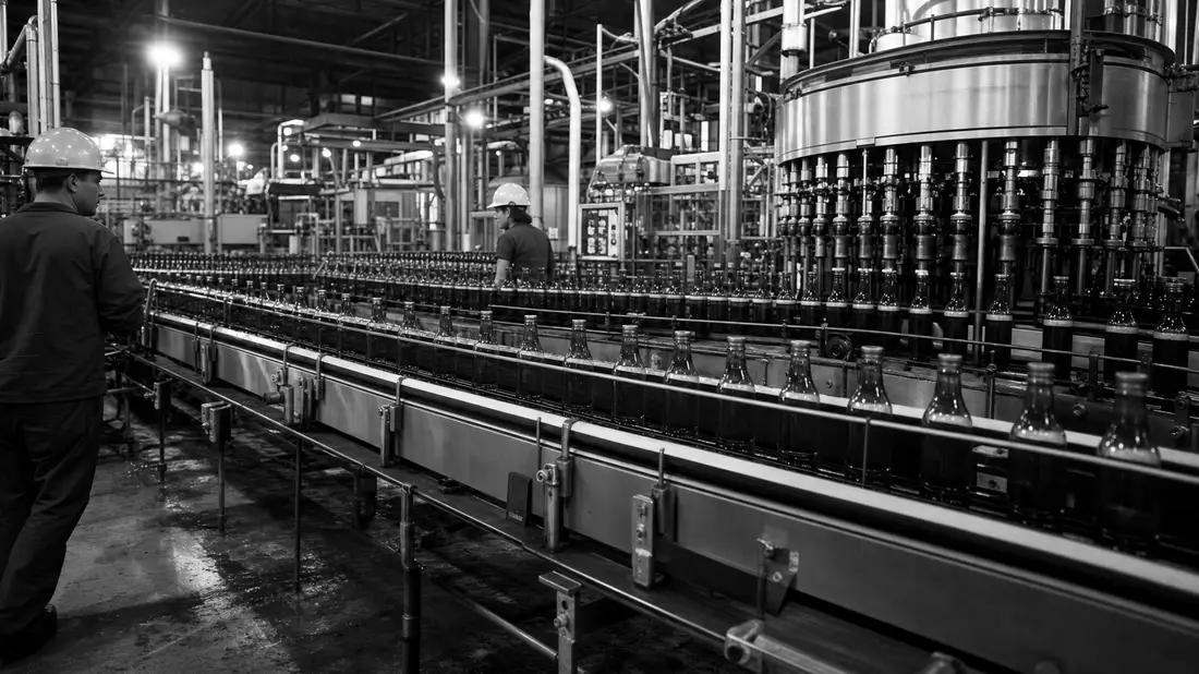 Black and white documentary photograph of a large industrial beverage bottling factory, rows of unbranded glass bottles on conveyor belts, workers in hard hats monitoring machinery, high-contrast reportage lighting with deep industrial shadows, authentic 
