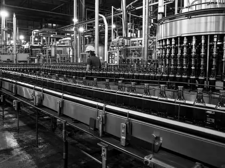 Coca-Cola US1912161007 dokumentiert die industrielle Abfüllanlage in dramatischem dokumentarischem Schwarzweiß mit Arbeitern - Foto: THN
