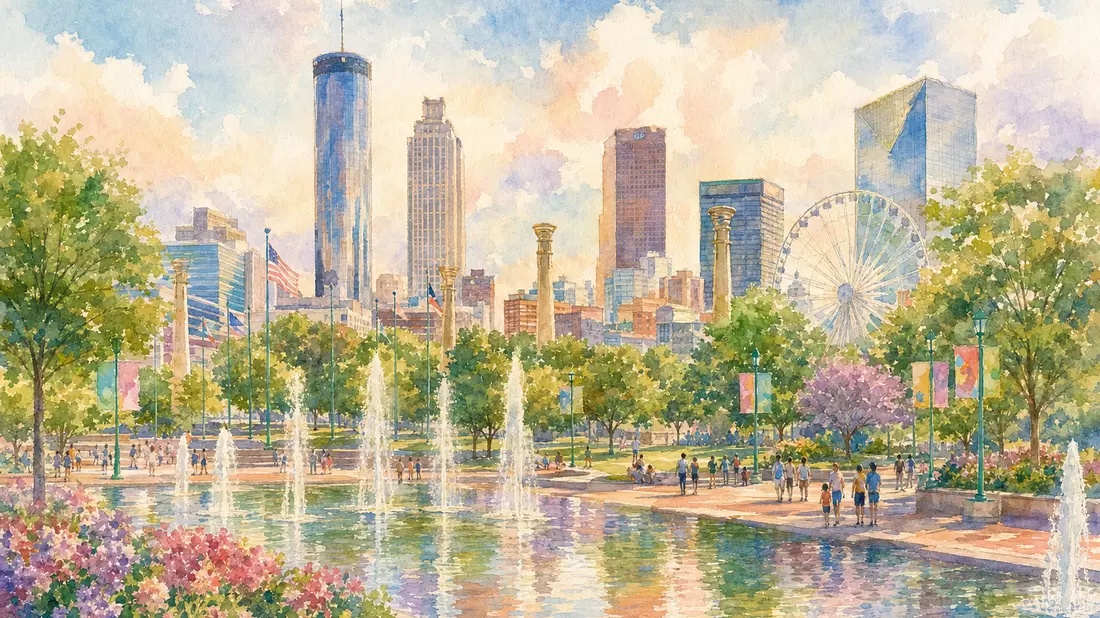 Soft watercolor painting of Atlanta city skyline with Centennial Park fountains and lush trees in the foreground, gentle pastel tones of peach, mint, lavender and blue sky, loose watercolor washes with visible brushstrokes, people and reflections in refle