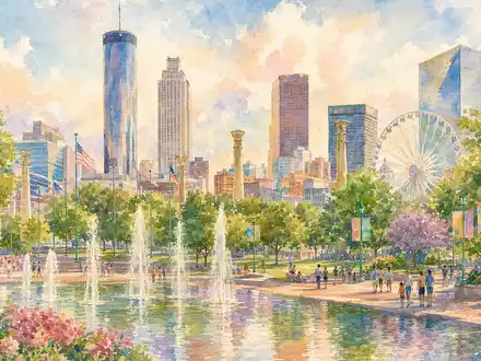 Coca-Cola US1912161007 als Aquarell der Atlanta Skyline mit Centennial Park in weichen Pastellfarben - Foto: THN