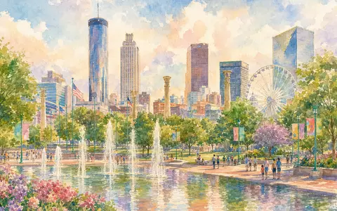 Coca-Cola US1912161007 als Aquarell der Atlanta Skyline mit Centennial Park in weichen Pastellfarben - Foto: THN