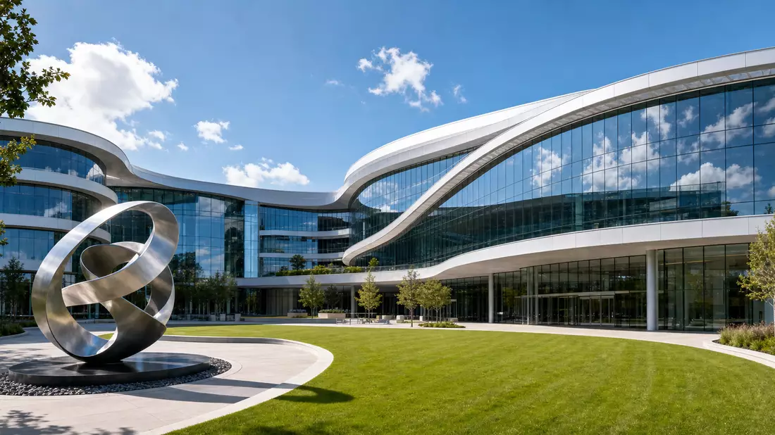 Architectural photography of a modern corporate headquarters with sweeping curved glass facade and fluid organic shapes, pristine landscaped plaza with green lawn and contemporary steel sculpture, bright daylight with sharp architectural shadows, premium 