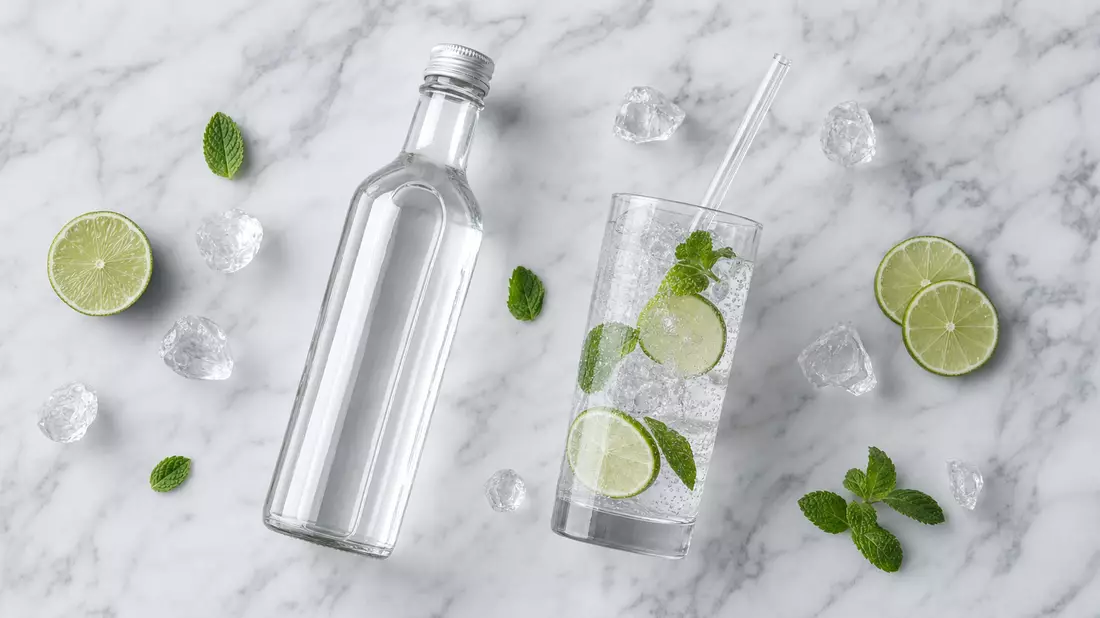 Top-down flat lay photograph of a minimal beverage setup on white marble surface, plain unbranded clear glass bottle, tall sparkling water glass with lime slices and mint leaves, transparent straw, scattered crystal ice cubes, soft even studio lighting, c