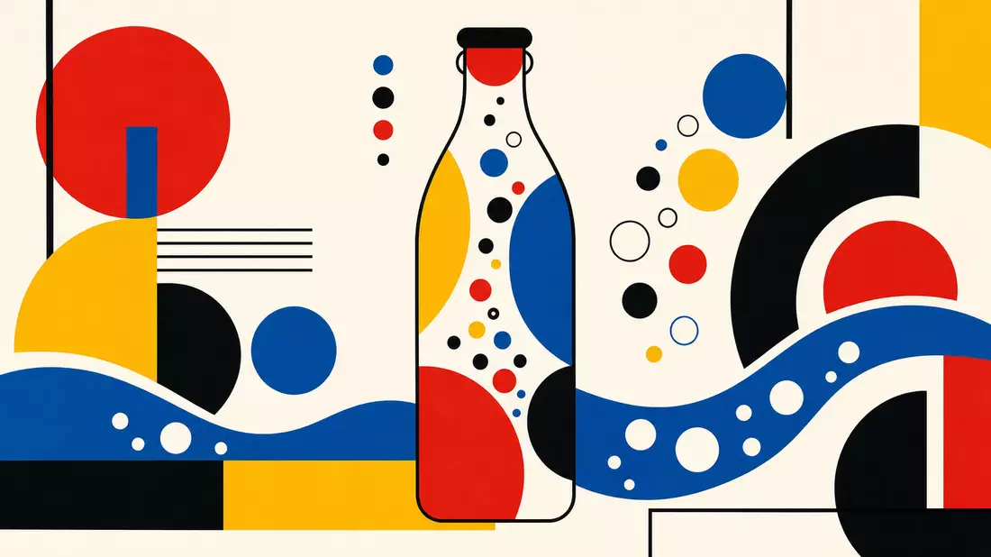 Bauhaus graphic design poster showing a geometric stylized beverage bottle formed from circles and a