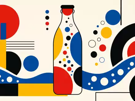Coca-Cola US1912161007 als Bauhaus-Grafik mit geometrischer Flasche in kräftigen Primärfarben und leuchtendem Rot. - Foto: THN