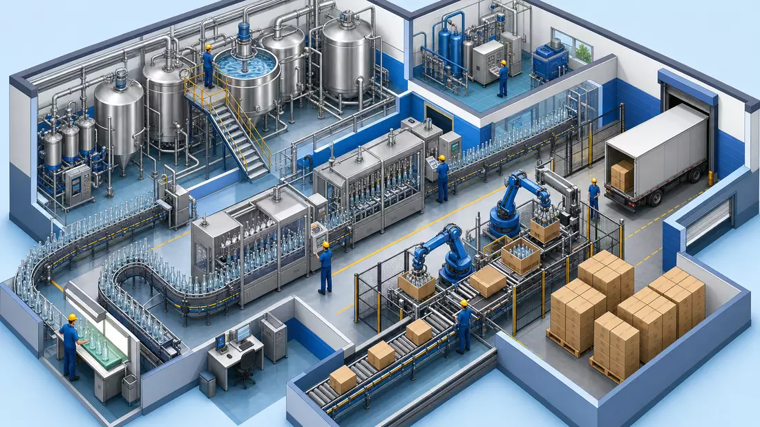 Isometric 3D illustration of a complete beverage bottling factory floor cutaway, large industrial mixing tanks and vats, automated conveyor belts carrying unbranded glass bottles, robotic packaging arms, workers in hard hats, clean blue and grey color sch