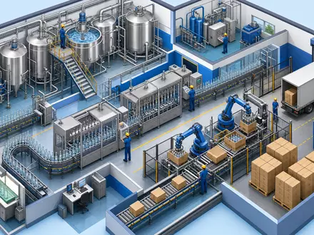 Coca-Cola US1912161007 als isometrisches 3D-Bild der vollständigen Abfüllanlage mit Förderbändern und Robotern - Foto: THN