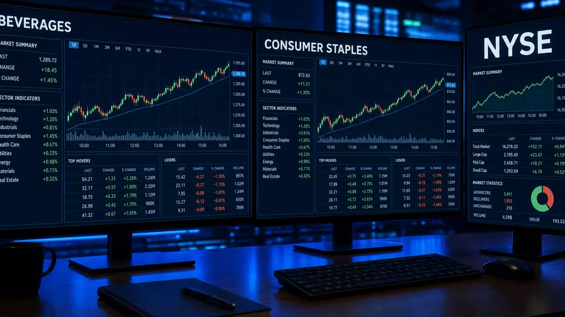 Professional trading monitor screens displaying financial market data with prominent BEVERAGES and CONSUMER STAPLES and NYSE text labels, neutral candlestick charts and line graphs, dark navy blue dashboard aesthetic, blue screen glow illuminating desk su