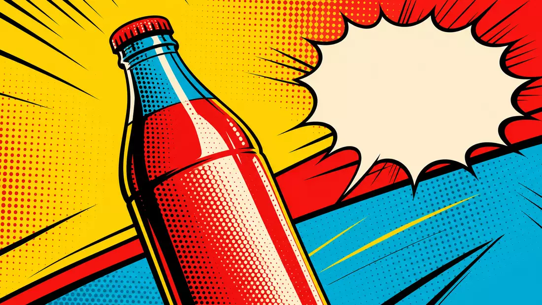 Pop art comic style illustration of a stylized beverage bottle with bold flat red and blue colors, large Ben-Day halftone dot patterns, thick black outlines, comic book speech bubble, action lines radiating outward, vibrant yellow background, Roy Lichtens