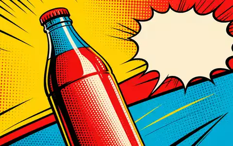 Coca-Cola US1912161007 als kräftiger Pop-Art-Comic mit Halftone-Punkten, großer Sprechblase und farbenfroher Flaschengrafik - Foto: THN