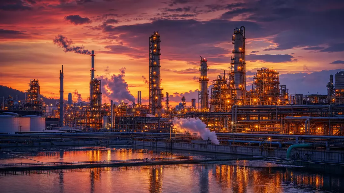 Photorealistic panoramic view of a large petrochemical plant at sunset, illuminated distillation tow