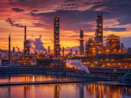 Dow Inc. US2605571031 zeigt eine Groß chemieanlage mit beleuchteten Türmen und Rohren bei Sonnenuntergang - Foto: THN