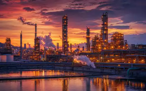 Dow Inc. US2605571031 zeigt eine Groß chemieanlage mit beleuchteten Türmen und Rohren bei Sonnenuntergang - Foto: THN