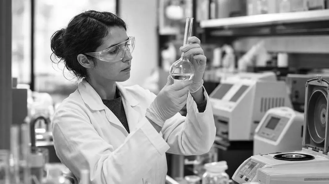 Black and white documentary reportage photograph of a chemist wearing safety goggles and lab coat intently examining a glass flask in a professional chemistry laboratory, high contrast monochrome with authentic candid working pose and lab equipment visibl