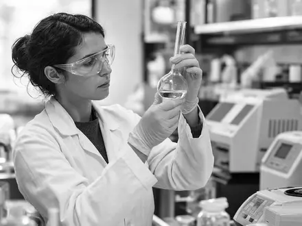 Dow Inc. US2605571031 dokumentarisch: Chemikerin mit Schutzbrille analysiert im Labor eine Glaskolbe - Foto: THN
