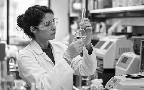Dow Inc. US2605571031 dokumentarisch: Chemikerin mit Schutzbrille analysiert im Labor eine Glaskolbe - Foto: THN