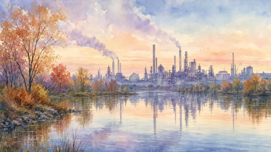 Watercolor painting of a Michigan river landscape with a soft industrial skyline reflected in calm water, delicate pastel tones of pale blue, muted sage green, soft peach and lavender, loose expressive brushwork with autumn trees along the riverbank