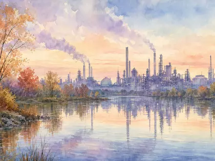 Dow Inc. US2605571031 Aquarell der Michigan Landschaft mit Industrie Skyline in herbstlichen Pastell Farben - Foto: THN