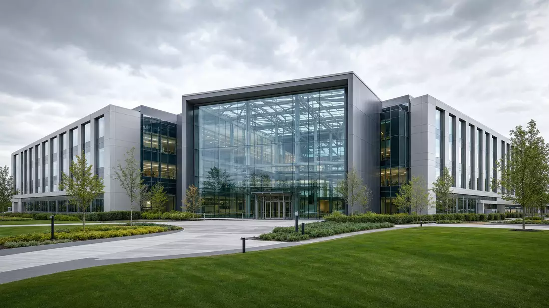 Architectural photography of a sleek modern research and development center building with a dramatic