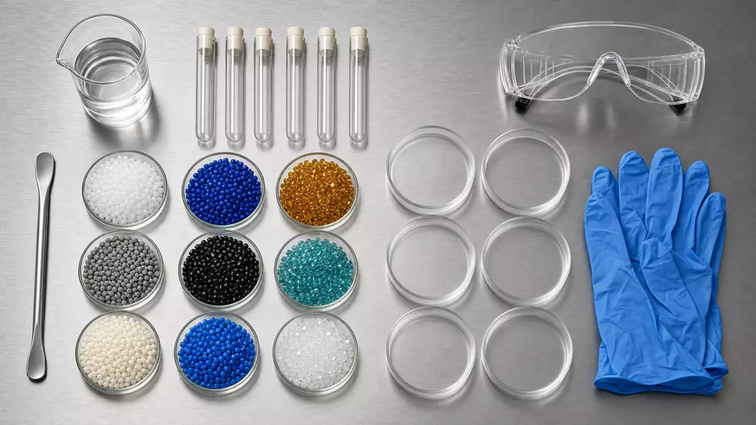 Overhead flat lay on brushed stainless steel laboratory bench with neatly arranged chemistry tools including multicolored plastic polymer granule samples in small dishes, glass test tubes, blue nitrile safety gloves, empty petri dishes, and clear safety g