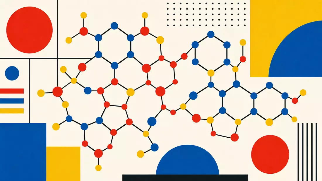 Bauhaus graphic design poster featuring a geometric polymer molecule lattice structure with bold pri