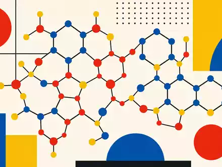 Dow Inc. US2605571031 Bauhaus Poster mit geometrischem MolekĂŒlgitter in krĂ€ftigen PrimĂ€rfarben Rot Blau Gelb. - Foto: THN