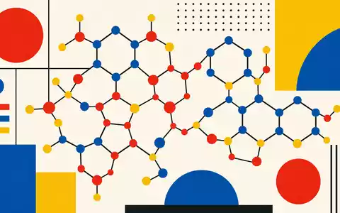 Dow Inc. US2605571031 Bauhaus Poster mit geometrischem Molekülgitter in kräftigen Primärfarben Rot Blau Gelb - Foto: THN