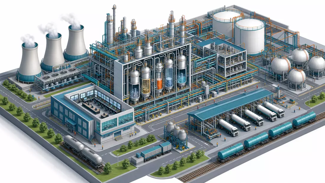 Isometric 3D technical illustration of a large chemical manufacturing complex showing cylindrical re