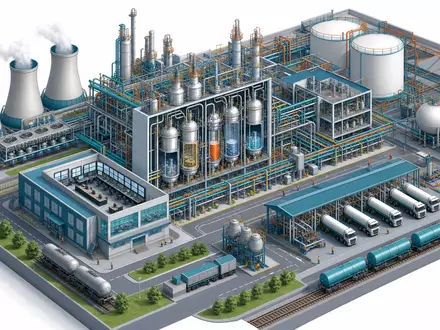 Dow Inc. US2605571031 als isometrische Illustration eines Chemiekomplexes mit Reaktoren, Tanks und Versand - Foto: THN