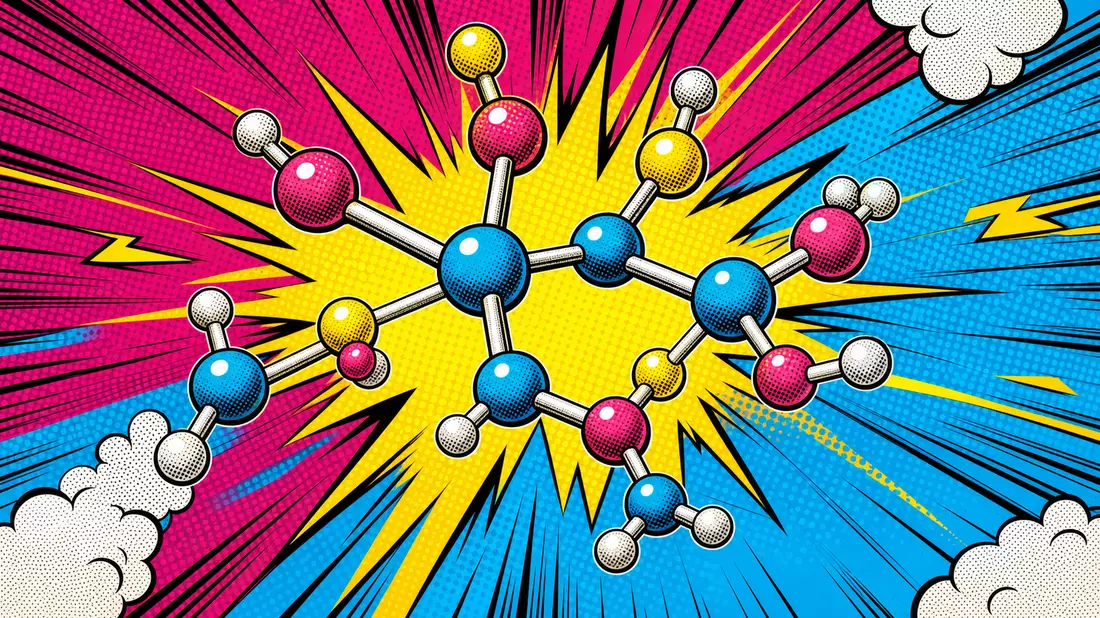 Pop art comic book illustration of a stylized chemical molecule structure with bold black outlines, vibrant halftone dot patterns in magenta, yellow, and cyan, dynamic energy speed lines radiating from the central atom cluster, retro comic book style with