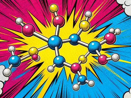 Dow Inc. US2605571031 Pop Art Comic mit stilisiertem Chemie Molekül, Halftone Punkten und Energie Linien - Foto: THN