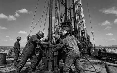 Exxon US30231G1022 zeigt einen Bohrungsarbeiter auf texanischem Onshore-Bohrturm in roher schwarzweißer Reportage-Fotografie - Foto: THN