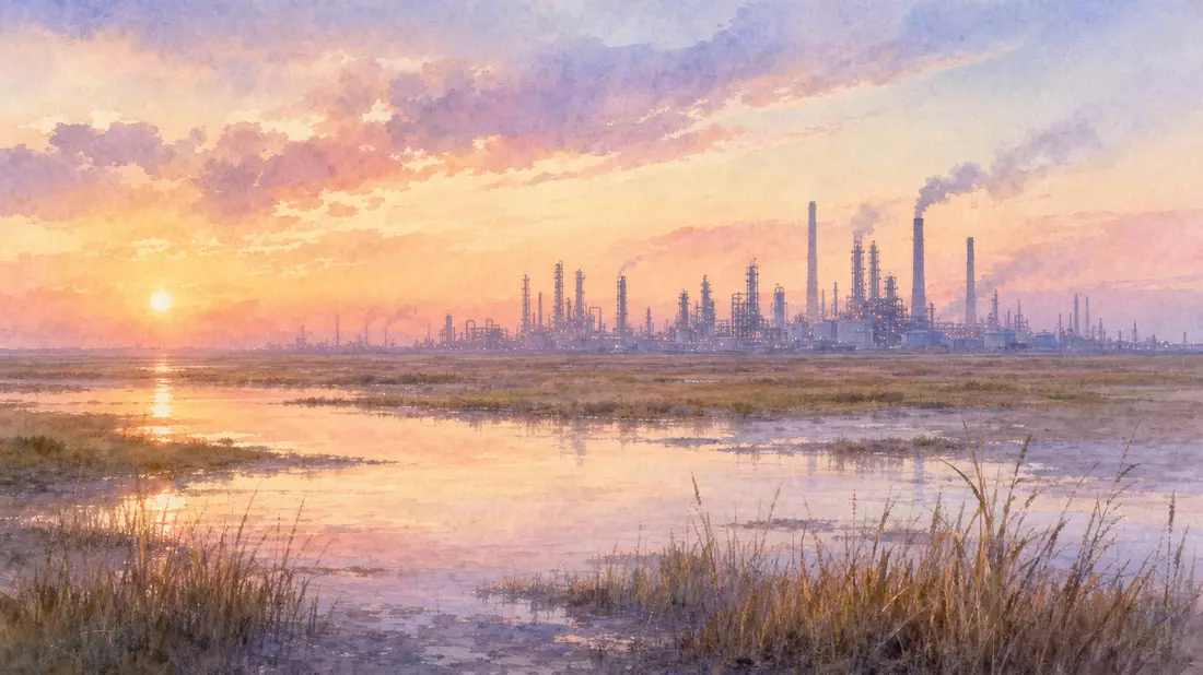 Soft watercolor painting of the Texas coastal plain at golden hour, gentle silhouette of a petroleum refinery on the horizon with distillation towers and smokestacks, pastel tones of peach, lavender, pale blue and warm rose, flat marshland and sparse gras