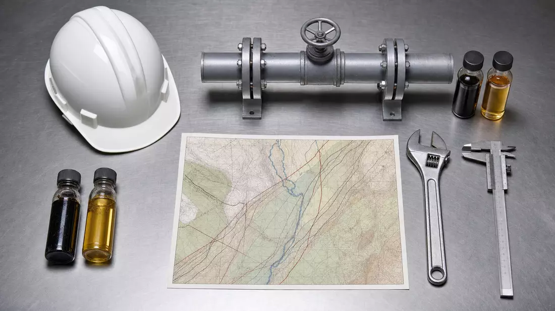 Top-down flatlay on brushed industrial steel surface with energy industry objects: plain white hard hat, scale model steel pipeline section with valve, glass vials with crude oil and diesel samples, geological contour map, metal wrench and caliper, even s