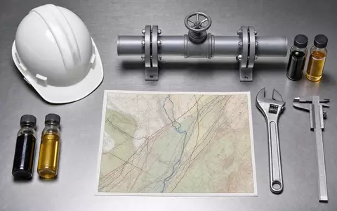Exxon US30231G1022 präsentiert Energie-Werkzeuge mit Helm, Pipeline-Modell, Rohölproben und Karte auf Stahl - Foto: THN