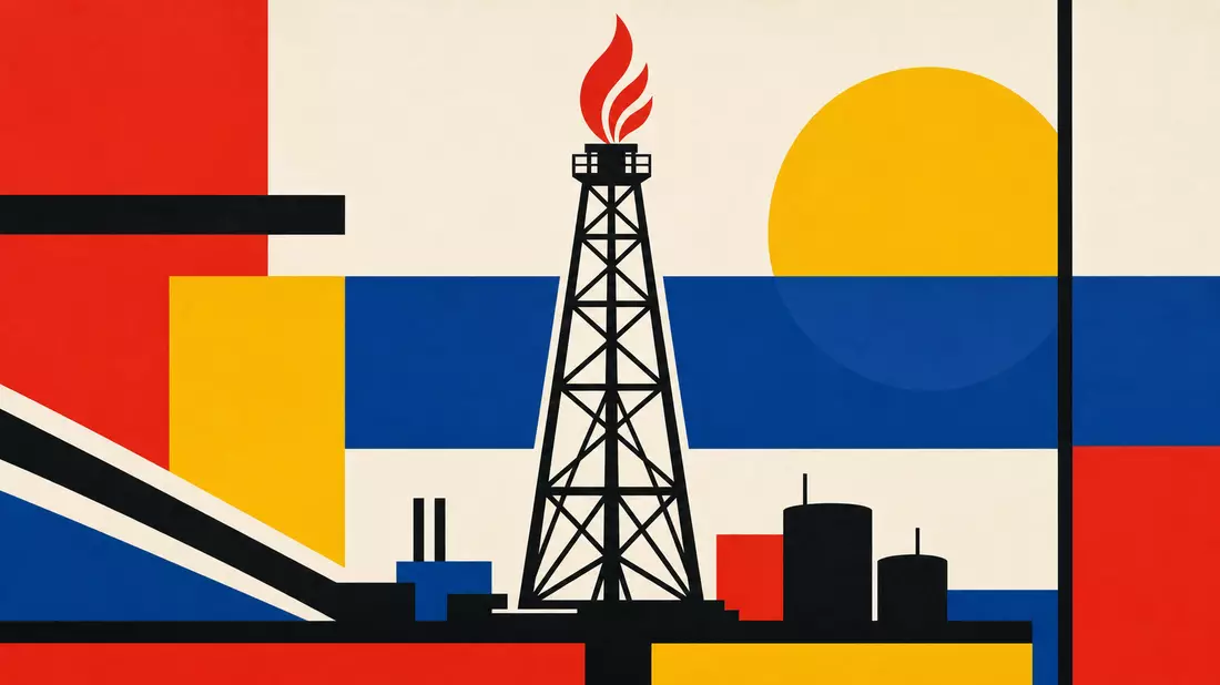 Bauhaus-style graphic poster with a geometric oil derrick silhouette centered against bold flat primary color blocks of red, blue, yellow and black, stylized red flame at the top of the lattice tower, Constructivist design influence, clean flat design wit