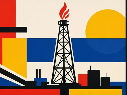Exxon US30231G1022 als Bauhaus-Poster mit geometrischer Förderturm-Silhouette und roter Flamme in Primärfarben - Foto: THN