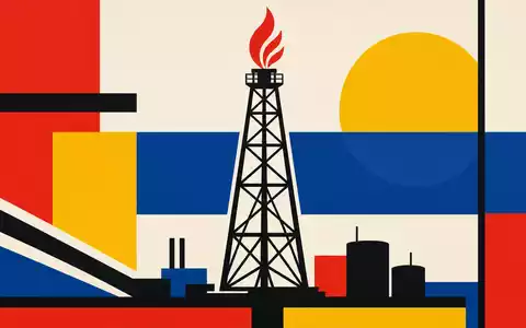 Exxon US30231G1022 als Bauhaus-Poster mit geometrischer Förderturm-Silhouette und roter Flamme in Primärfarben - Foto: THN