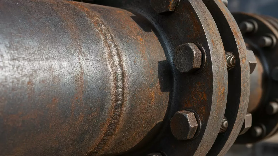 Extreme close-up macro photograph of industrial steel pipeline showing a prominent weld seam running across the pipe surface, large hexagonal bolts and flanged joint with threaded fasteners, raw industrial steel texture with surface rust and oxidation pat
