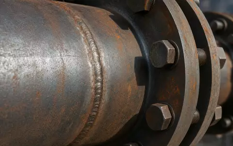 Exxon US30231G1022 im Makro: Pipeline-Stahlrohr mit deutlicher Schweißnaht und rostigen Flansch-Schrauben sichtbar - Foto: THN