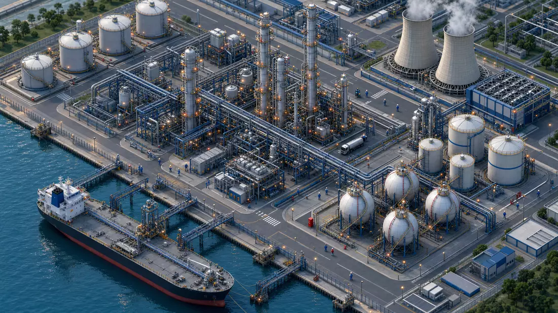 Isometric 3D illustration of a large petrochemical complex viewed from a 45-degree angle, featuring distillation towers, spherical and cylindrical storage tanks, interconnecting pipelines, cooling towers, a tanker ship loading at a dock, small worker figu