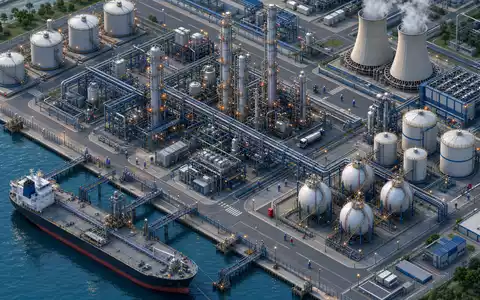 Exxon US30231G1022 isometrisch: vollständiger Petrochemie-Komplex mit Destillationstürmen, Tanks, Pipelines und einem Tanker - Foto: THN
