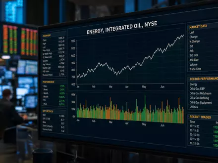 Exxon US30231G1022 börslich: Monitor mit ENERGY, INTEGRATED OIL, NYSE und neutralen Energie-Kursdiagrammen - Foto: THN