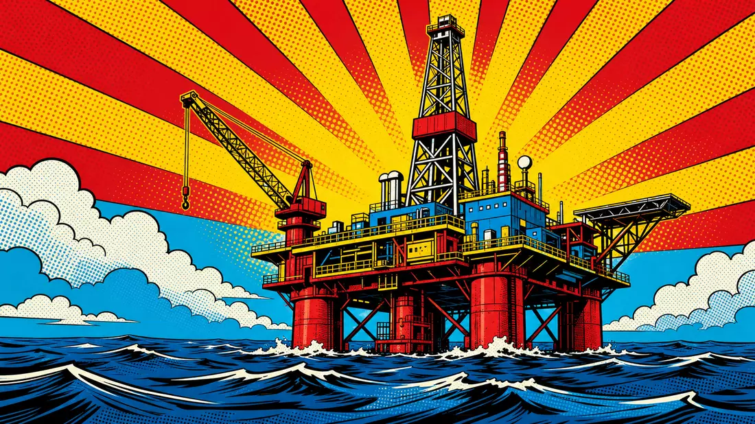 Pop art comic book style illustration of a stylized offshore oil platform on ocean waves, bold halftone dot pattern background with comic book sunburst rays radiating from the platform, thick black outlines, flat saturated primary colors of red, yellow, b